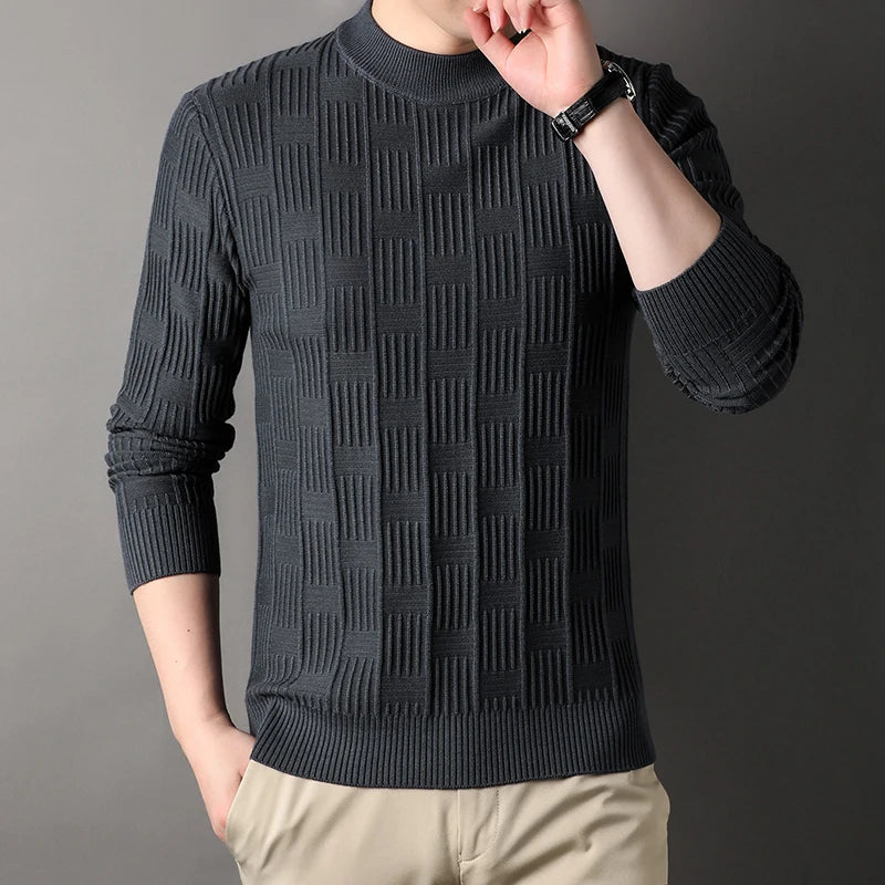 Luxury high-quality round neck exquisite plaid knitted sweater men's autumn and winter new casual warm comfortable pullover.