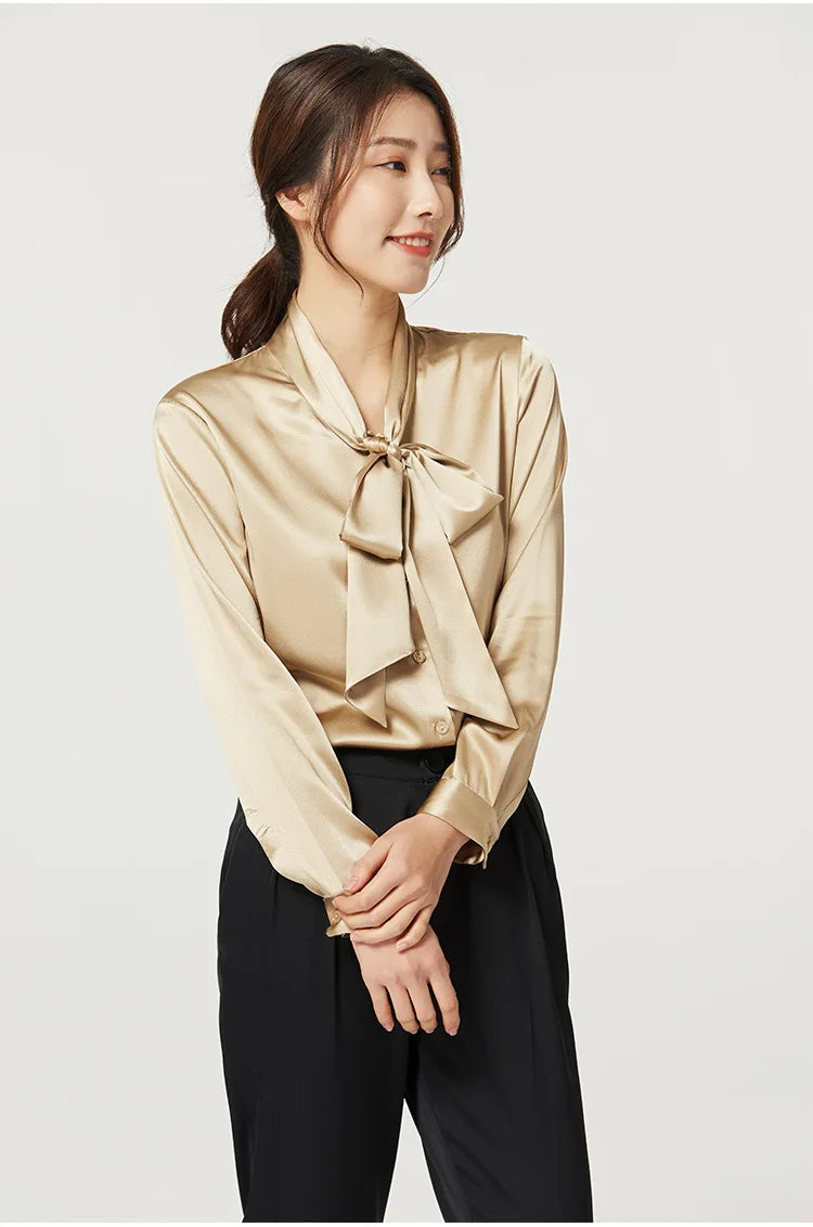 Heavyweight Mulberry Silk Shirt Women's 2025 Spring And Autumn New Long Sleeve Satin Silk Blouse V-neck Bow Ribbon Shirt