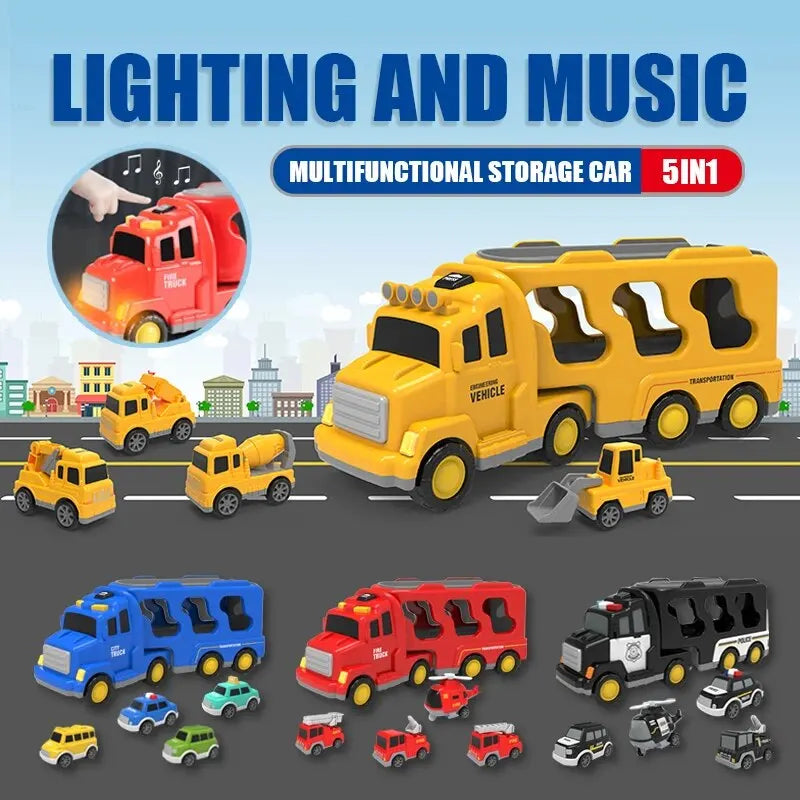 5pcs Kids Toy Construction Vehicles Transport Truck Carrier Toy Truck For Toddler Boys Girls Fire Truck Gift For Boys And Girls.
