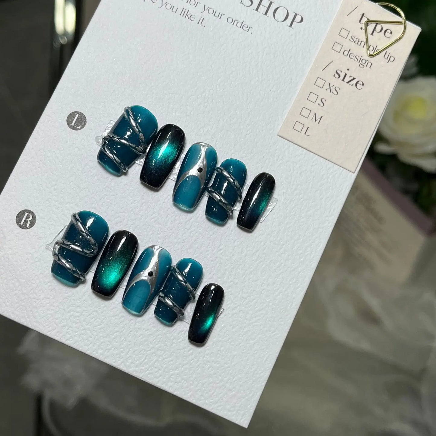 10pcs Black Press on Nails Medium Coffin Sliver Swirl Y2k Fake Nails with Glue Acrylic False Nails Press Ons Full Cover Nail Tip.