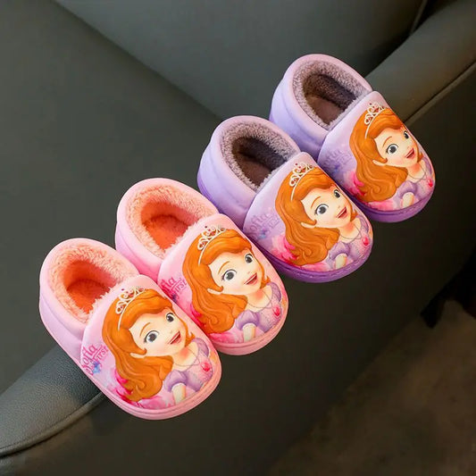 Disney Princess Elsa Winter Children's Heel Cotton Slippers Girls' Warm Frozen Kids' Cotton Black Purple Flats Shoes Size 24-40.