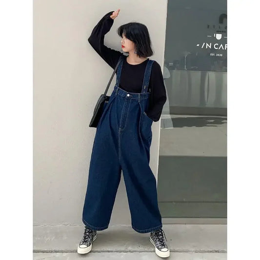 Denim Overalls Women New Vintage Streetwear Jumpsuits Female Korean Fashion Straight Loose Wide Leg Pants.