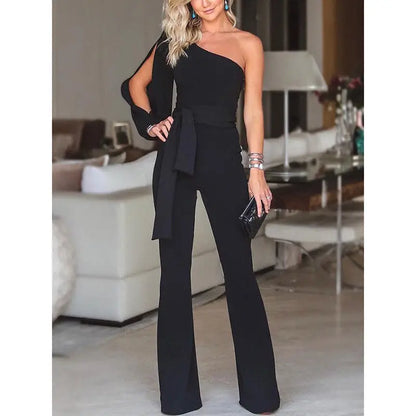 Ladies Elegant Jumpsuit  Spaghetti Straps V-Neck Solid Embroidered Lace Open Back Wide Leg Jumpsuit Long Jumpsuit Black White.