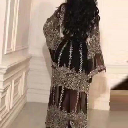 Elegante Frauen Glitter Ausgestelltes Langarm Langes Kleid Vintage Französisch Abendkleid Sexy Damen Mesh Patchwork Split Party Kleider.