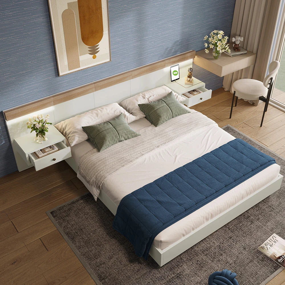 KOMHTOM Doppelbett-Bettkasten mit 2 LED-Nachtkommoden & USB-C-Steckdose, 180 x 200 cm Holzbett inkl (ohne Matratze)