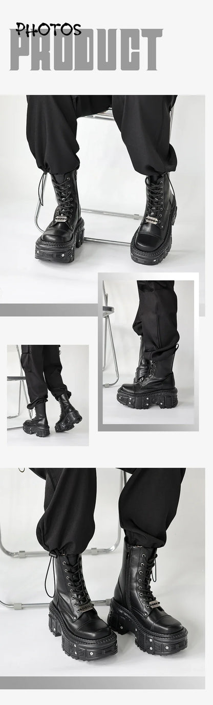 2025 New Punk Women Platform Ankle Boots Female's Rock Round Toe Lace Up Fashion Retro Chunky Shoes Metal Decor Short Boots.