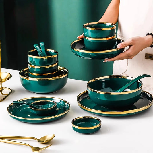 High-end Green Ceramic Plate Home Porcelain Dinner Plate Exquisite Ceramic Bowl Custom Large Size Fish Plate Kitchen Accessories.