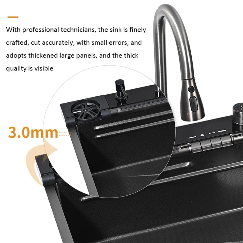 Blue Whale Arowana Multifunctional Kitchen Sink Single Bowl Nano Black Honeycomb LED Digital Display Stainless Steel for Home
