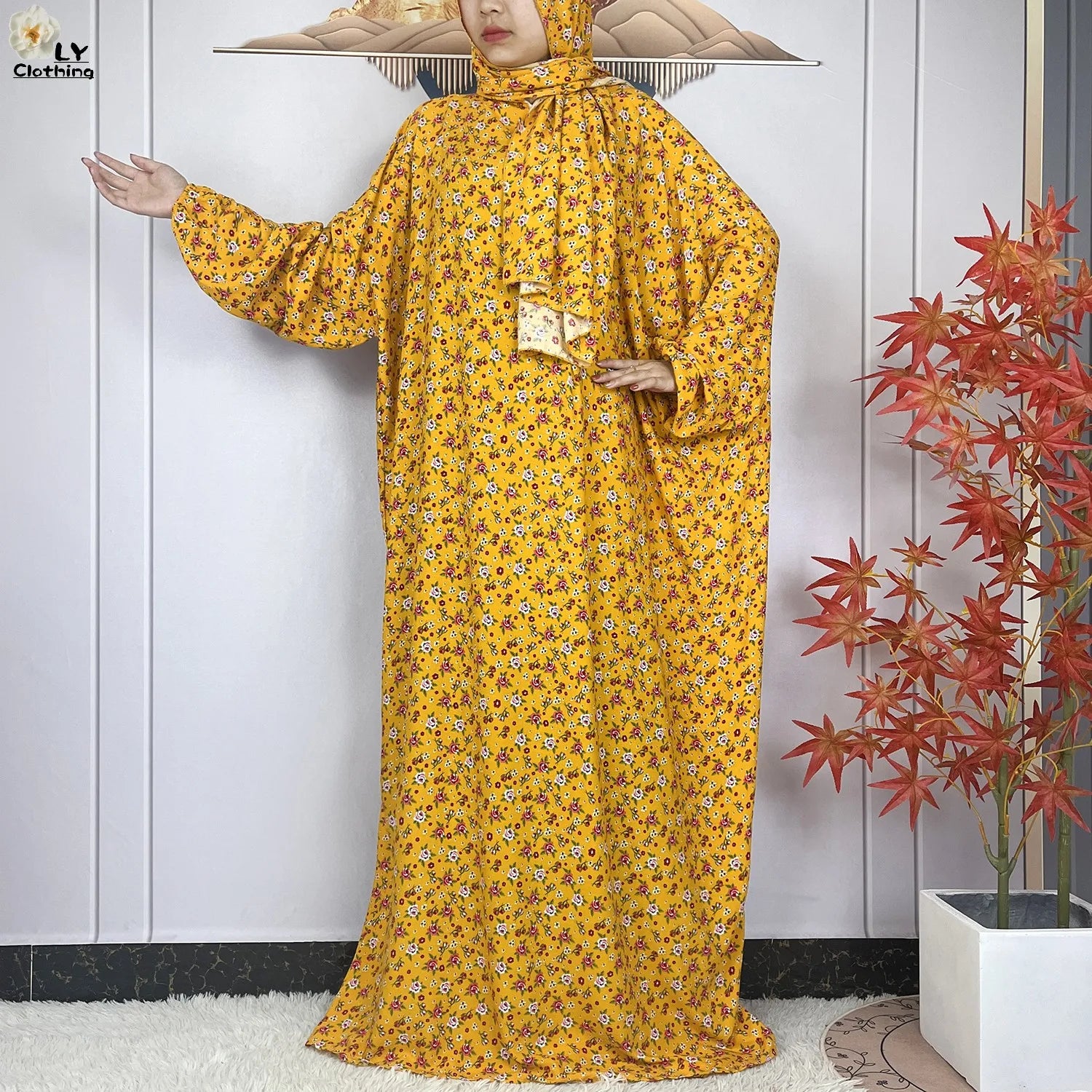 New Muslim Long Sleeved Cotton For Women Ramadan Prayer Turkey Middle East Femme Robe Floral Loose African Abaya Dress Scarfs.