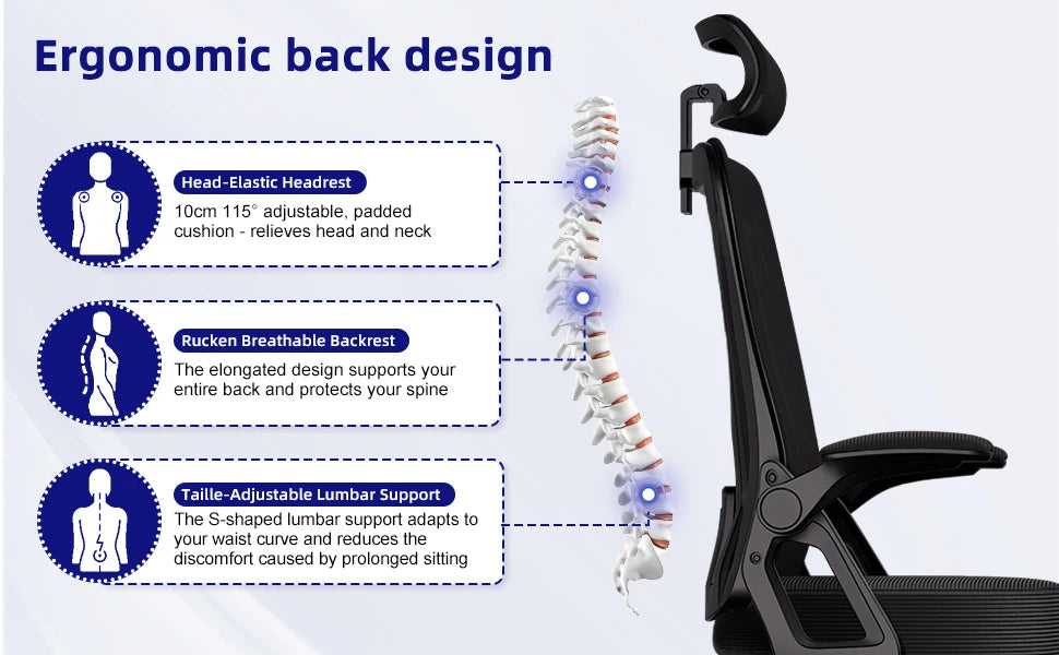 Bürostuhl, ergonomisch, verstellbar, 90er ° -135 ° ,Schreibtischstuhl mit Lordosenstütze, Computerstuhl mit verstellbarer Kopfstütze, Wohnzimmerstühle