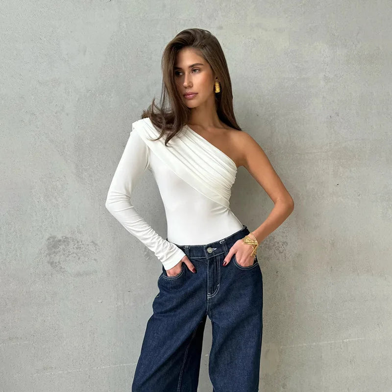 Solid Color Casual Temperament Commuter Asymmetrical Design With Sloping Shoulders Long-sleeved Tops Jumpsuits are Sexy Summer.