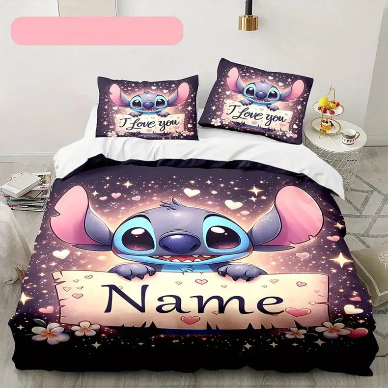 Customizable Stitch Anime Duvet Cover with 2 Pillowcases Cartoon Personalized Name Bedding Set for Women Children Teens.
