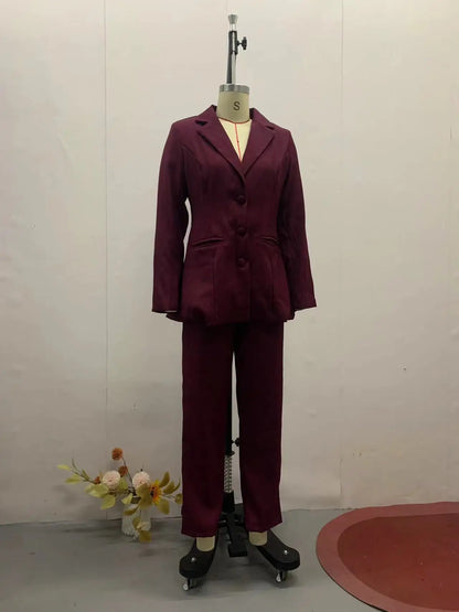 American New Fashion Women's Solid Color Casual Trendy 2 Piece Sets Long Sleeve Suit Blazers Wide Leg Trousers Female Clothes.