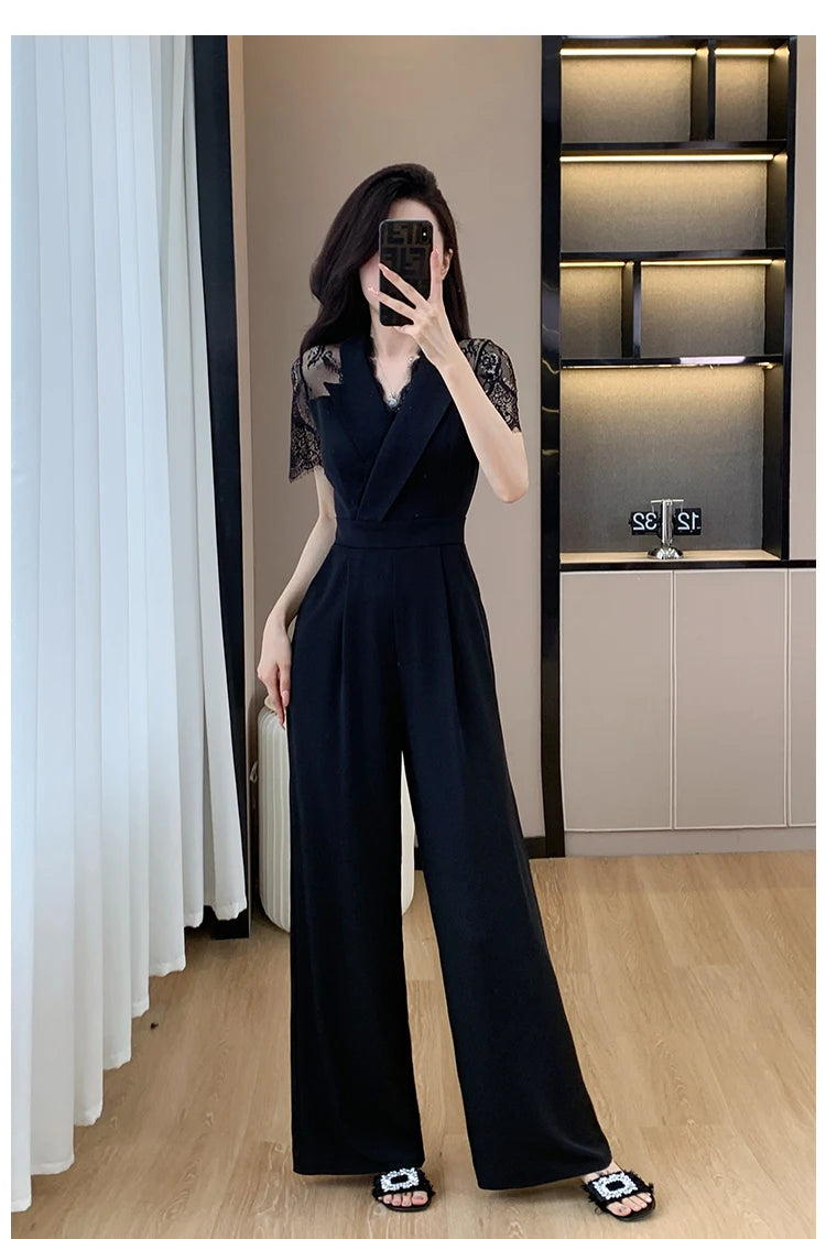 LYX High-Cold Lady Style Romper Women Summer Short Sleeve High Waist Lace Splicing Hollow out One-Piece Straight Leg Pants