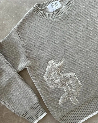 European American autumn and winter round neck gray knitted sweater popular pattern Y2K pullover warm men and women's clothes.