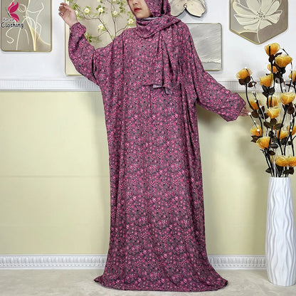 2025 New Muslim Abayas For Women Ramadan Prayer Garment Dubai Middle East Femme Robe Cotton Loose African Dress Turban Attached