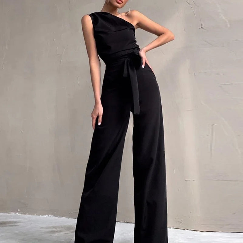 Women Elegant Slash Collar Straight Romper Sexy Off Shoulder Suit One Piece 2023 Fashion Lady High Waist Bow Solid Jumpsuits.