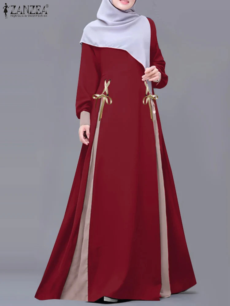 ZANZEA Mode Frauen Langarm Muslimischen Abaya Kleid Frühling Patchwork Maxi Kleider Robe Femme IsIamic Vestidos Lace Up Sommerkleid.