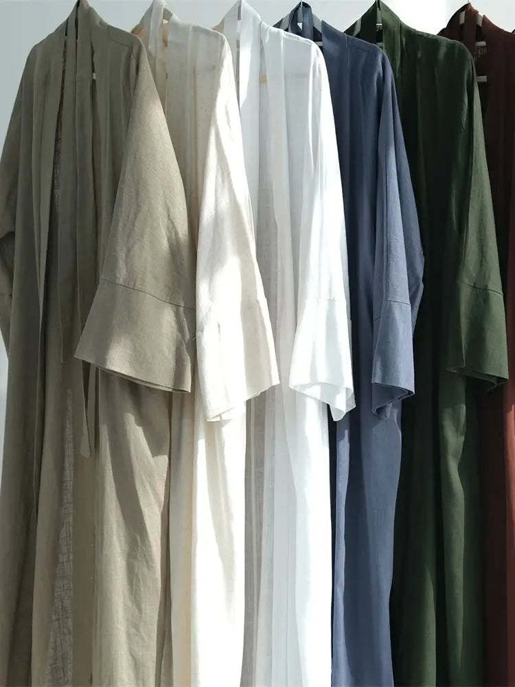 Eid Summer Cotton Linen Kimono Coat Dubai Open Abaya 2024 Muslim for Women Set Retro Kaftan Modest Dresses Islam Clothing Kebaya.
