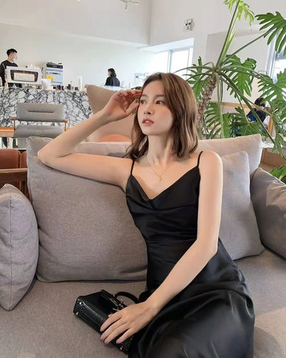 Chiffon-Stoff, Neckholder, mittellanges Kleid für Damen, Sommer, neuer sanfter Stil, schlankmachende Taille, A-Linien-Rock, Polyesterfaser, ärmellos