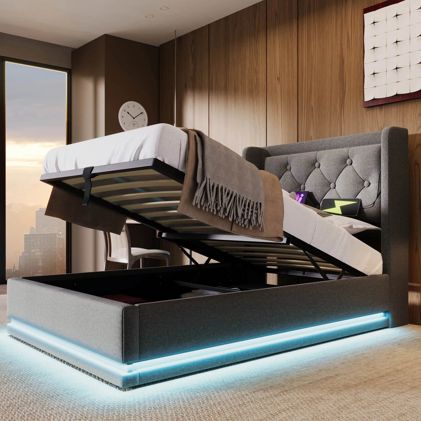 Gepolstertes Einzelbett 90x200 cm, graue Baumwolle, USB-C-Aufladung, 3-seitige LED (keine Matratze)