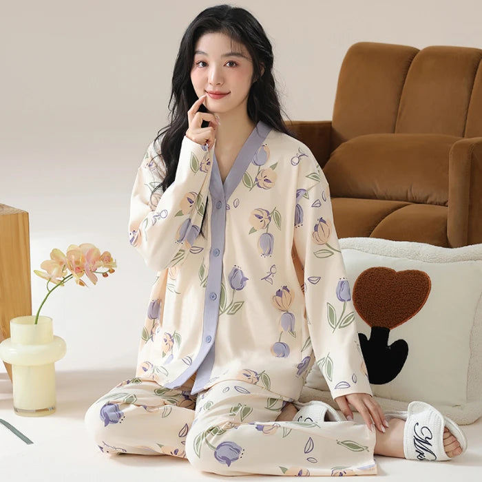 Herbst Winter Pyjamas Set für Frauen Kawaii Druck Nachtwäsche Anzug für Mädchen Mode Restlong Ärmel V-Ausschnitt Frau Pyjamas Set.
