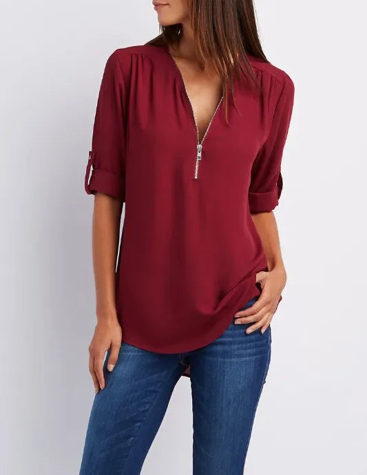 2024 Quality HotSale Plus Size Deep V Neck Women Blouse Chiffon Cool Loose Shirt Fashion Casual Ladies Tops Sexy Zipper Pullover.