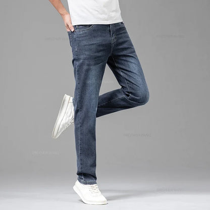 Summer Thin Men's Elastic Cotton Jeans Fashion Gray Comfortable Business Straight Casual Pants Brand Male Clothes Trousers.