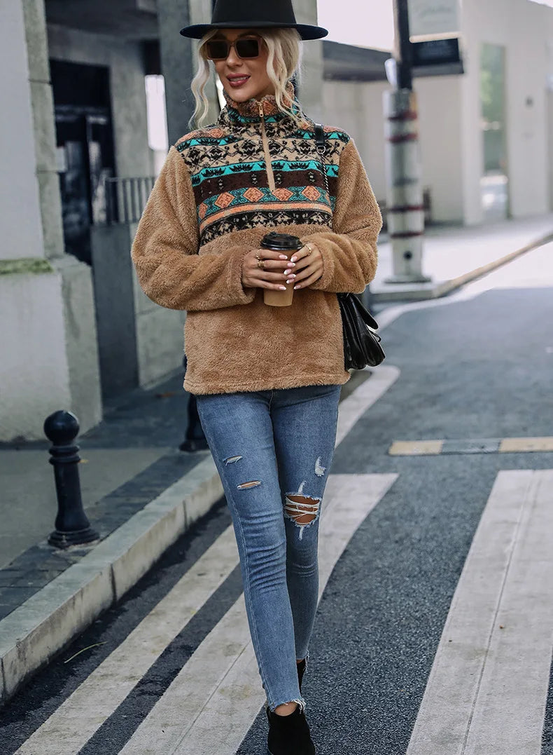 Fairyshely 2025 Winter Print Women Hoodies Casual Long Sleeve Hood Sweatshirt Loose Autumn Lady Stand Collar Plush Hoodie Tops.