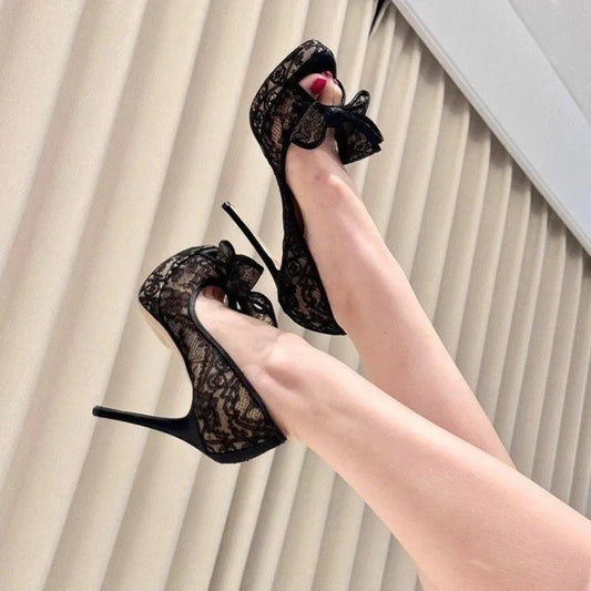Black Lace Double Bow Peep Toe High Heels Women Sexy Round Toe Platform Stiletto Heel Slip On Party Dress Wedding Shoes.