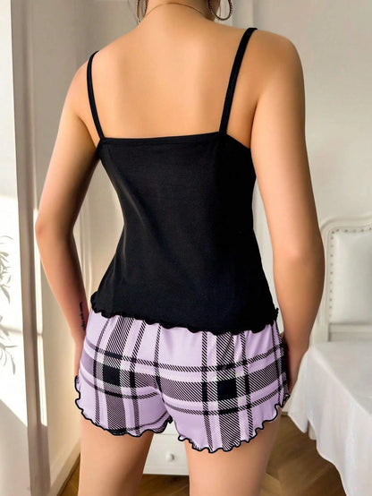 Frauen Sexy Hosenträger Shorts Dünne Pyjamas Brief Drucken Plaid Shorts Große Pyjamas Romantische Hause Tragen Sexy Nachtwäsche Kurze Pyjama.