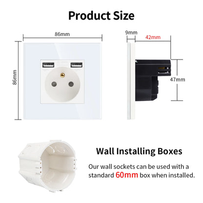 Frankreich Standard Doppelsteckdosen Französische Typ-C-Steckdosen 110-250 V Glasscheibe USB-Ladeanschluss Elektrischer Stecker Heimwerker.