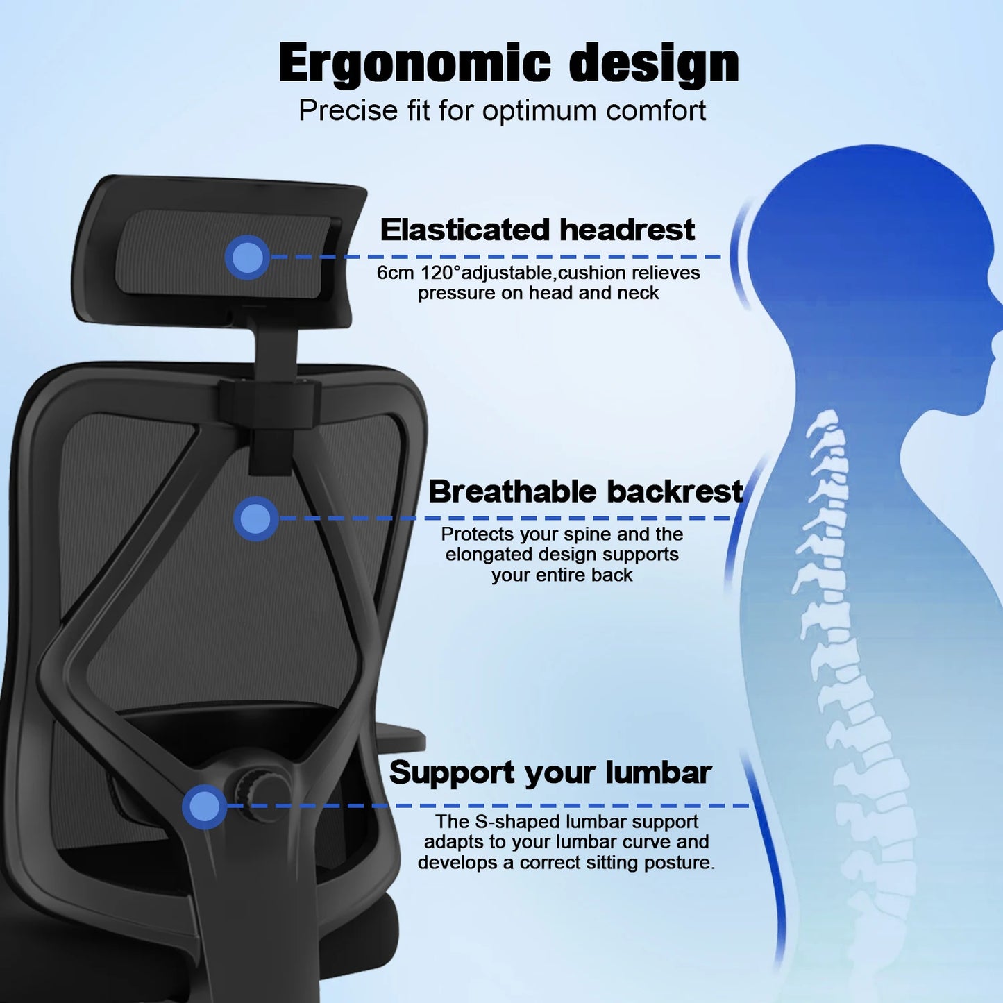 AUTHMIC Ergonomischer Bürostuhl, 3D-Lendenwirbelstütze, verstellbare Kopfstütze und Armlehnen, verstellbarer Schreibtischstuhl, 155 kg Tragkraft
