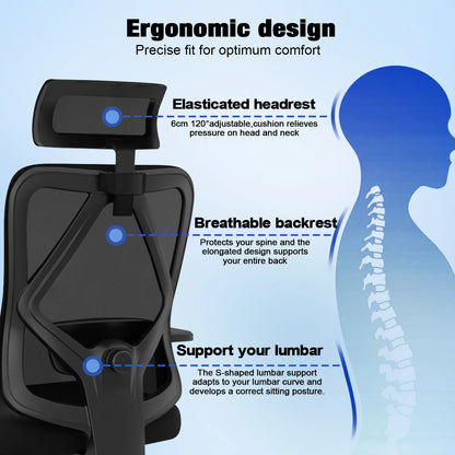 AUTHMIC Ergonomischer Bürostuhl, 3D-Lendenwirbelstütze, verstellbare Kopfstütze und Armlehnen, verstellbarer Schreibtischstuhl, 155 kg Tragkraft