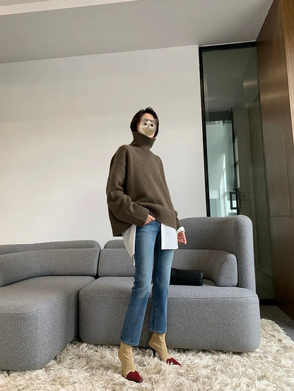 2023 Autumn and Winter New Thick  Sweater Women High Neck Pullover Sweater Warm Loose Knitted Base Sweater Jacket Tops