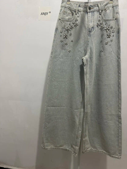 ANJY Autumn Winter Women Fashion Casual Versatile Washed Tide Diamonds Straight Jeans Trend Design Sense High Waist Pants A10636.