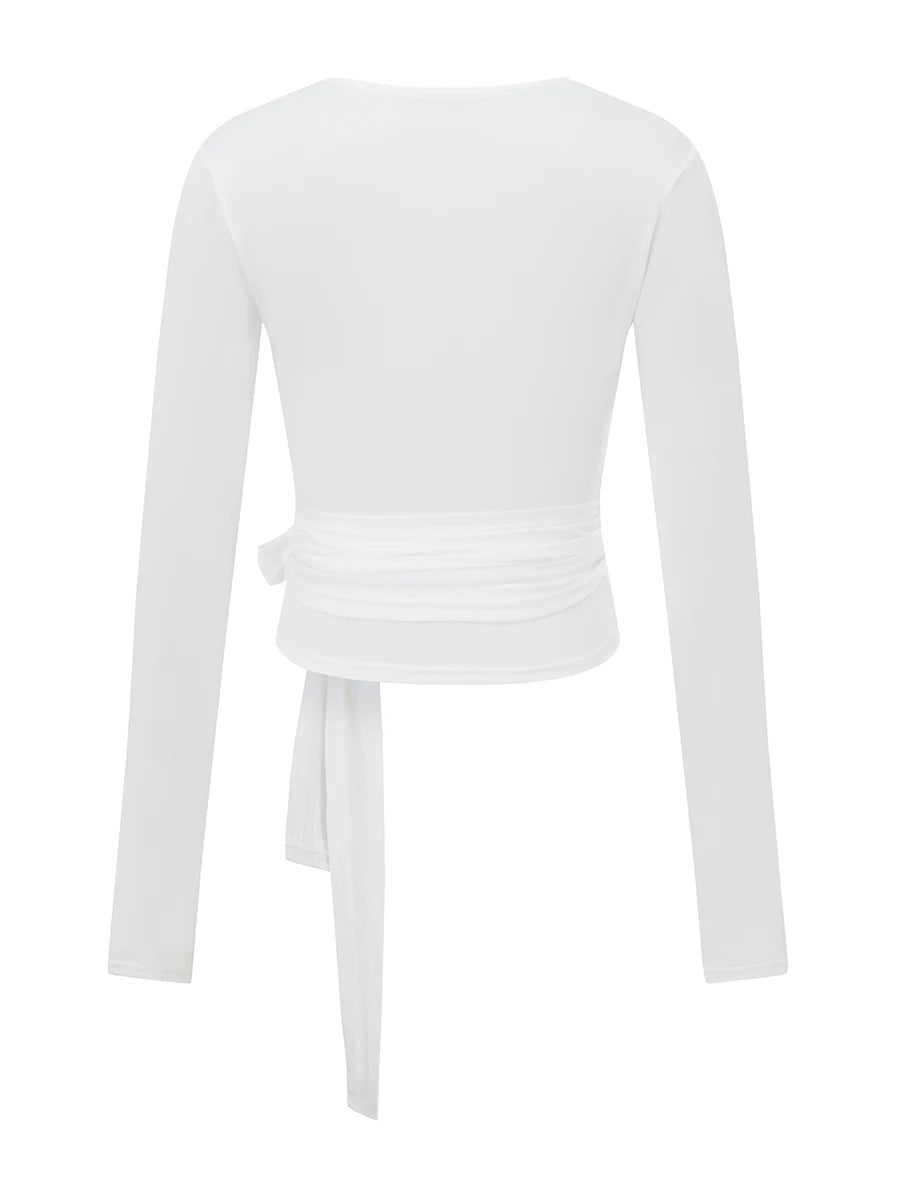 Solid Color Tie-Up Front V-Neck Long Sleeve Bottoming Shirt Women Fitness Yoga T-Shirts Seamless Workout Tops.