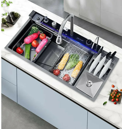 Stainless Steel Kitchen Sink Large Size Single Slot Multifunctional With Trash Can and Drain Rack Household Wash Dish Basin
