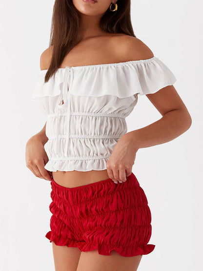 Women Y2k Ruched Mini Shorts Low Waist Ruffle Frill Bloomers Summer Lounge Pajamas Shorts Smocked Micro Shorts Sleepwear.