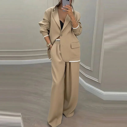 Autumn Winter Blazer Jacket Set Woman Elegant Single Button Lapel Cardigans & Wide Leg Trousers Suit Elegant Solid Office Outfit.