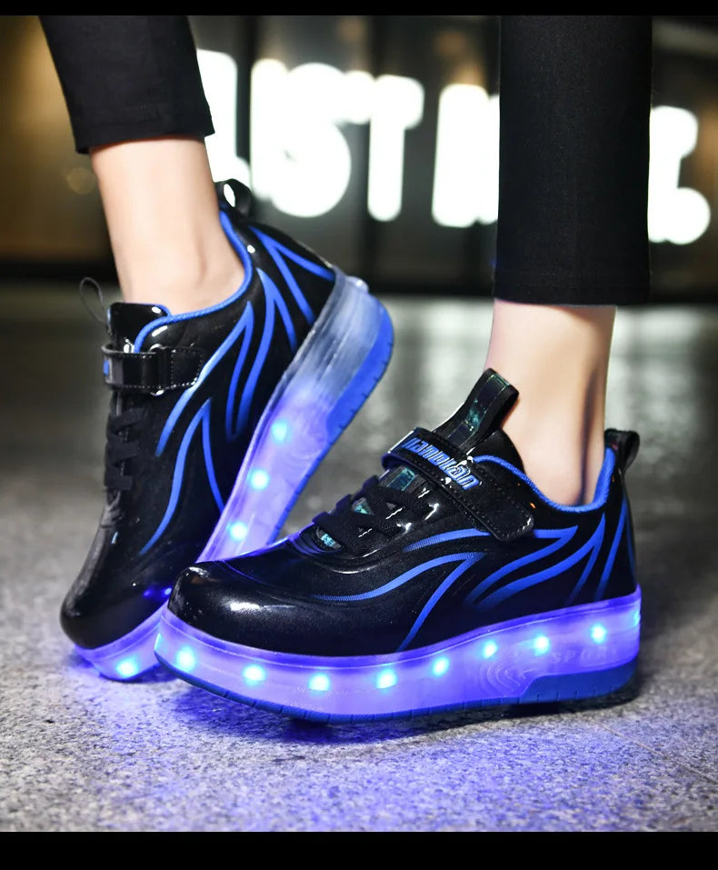 YUNICUS Led Light Boys Girls Shoe USB Charging Black Two Wheels Luminous Sneakers Roller Skate Shoes for Children Kids Led Shoes.