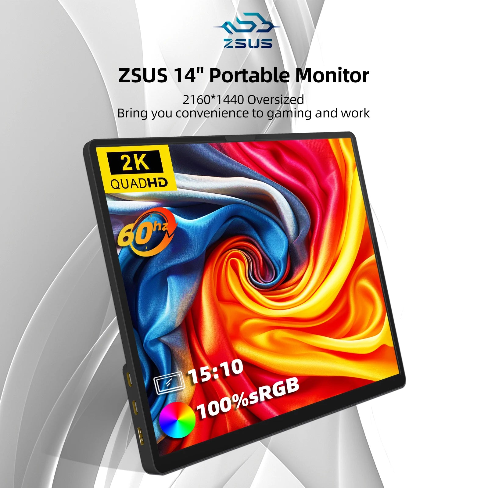 ZSUS 2160*1440  14-inch 2K Portable Monitor 60HZ For Laptop XBox PS4 / 5 Switch TV Box Cell Phone PC Extension  Mobile.