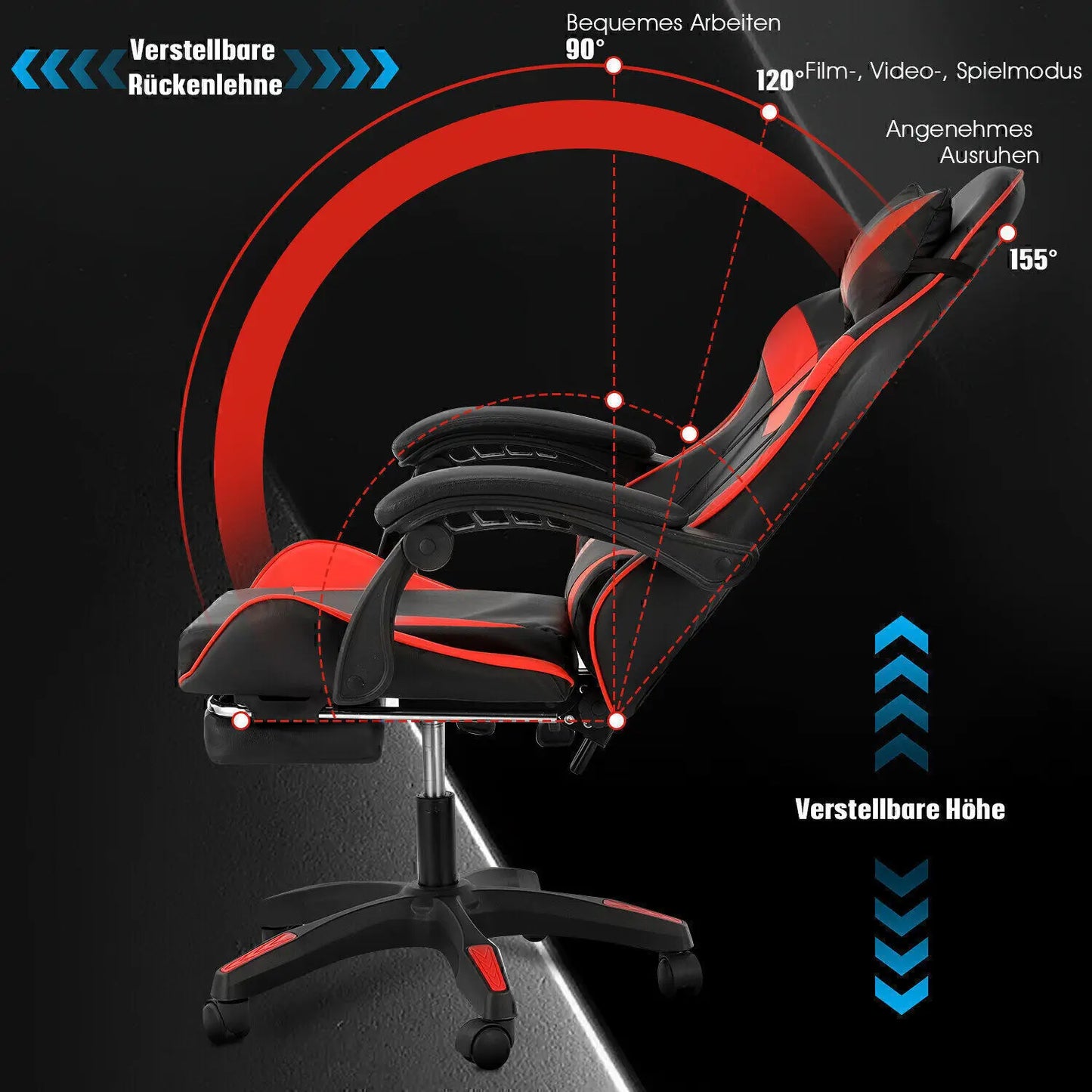 Bürostuhl Ergonomisch Gaming Stuhl Massage Gaming Sessel mit Kopfstütze Massage-Lendenkissen, Gepolstert Gaming Chair, Drehsessel,150kg Kapazität,Schwarz Rot