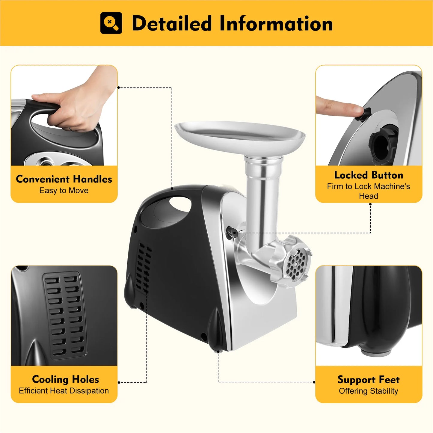 800W Stainless Steel Electric Meat Grinder with Sausage Filler Professional Kitchen Equipment.