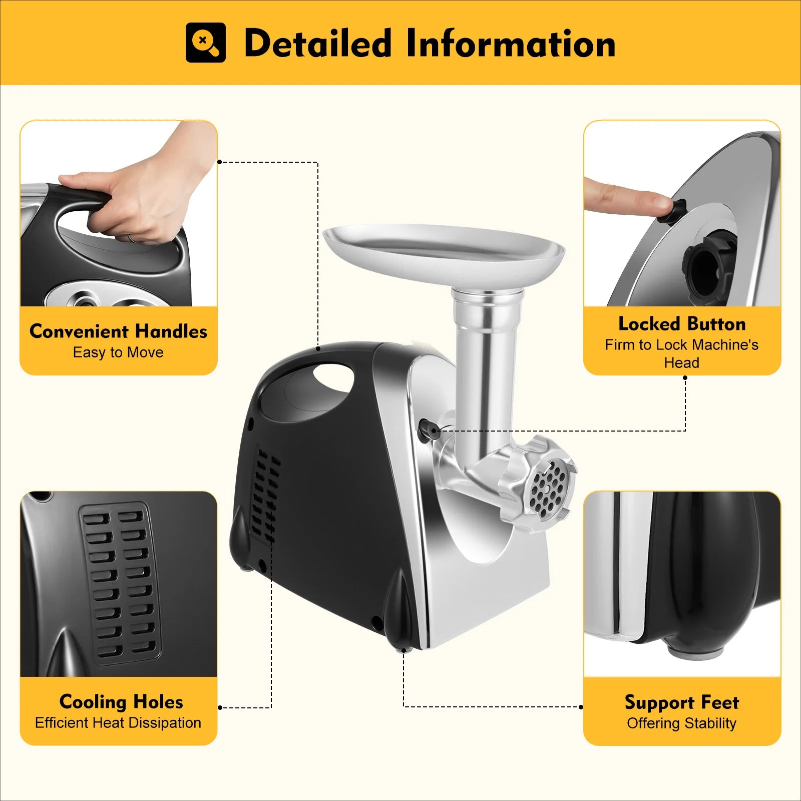 800W Stainless Steel Electric Meat Grinder with Sausage Filler Professional Kitchen Equipment.