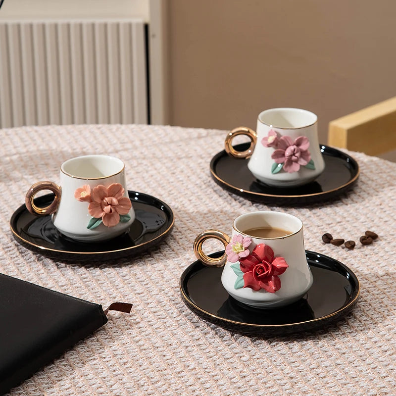 120ml Ceramic Coffee Cup Saucer Set Hand Pinched Flowers with Hand and Dish Milk Tea Porcelain Drinkware Tableware Gift.
