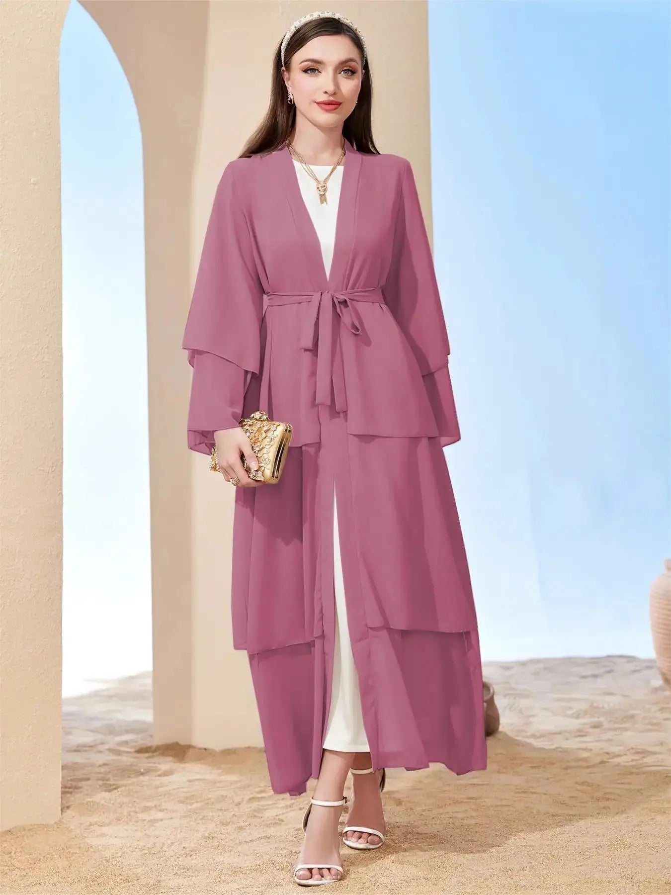 Ramadan kebaya Layered Open Front Abaya, Long Sleeve Dress With Belted , Without Hijab, Women's Clothing.