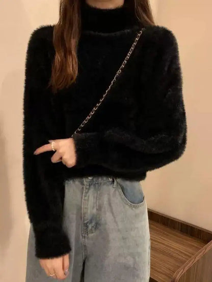 2025 frauen Gestrickte Tops Winter Imitieren Nerz Wolle Heißer Fleece Weibliche Rollkragen Elastische Beiläufige Pullover Weiche Warme Pullover.