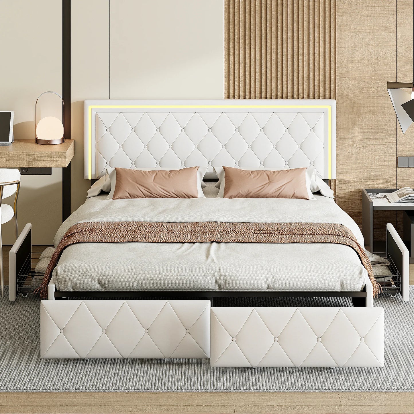 Lazyspace 4 Schubladen + RGB-LED-Kopfteil-Bettgestell, PU-Polsterbett, moderne Queen-Size-Einzel-Doppelbetten, Schlafzimmermöbel