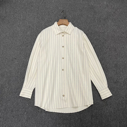 LUXURY Women's Vertical Striped Shirt, Short Front and Back, Short, Vertical Striped Shirt, Loose Long Sleeve, Commuter Style